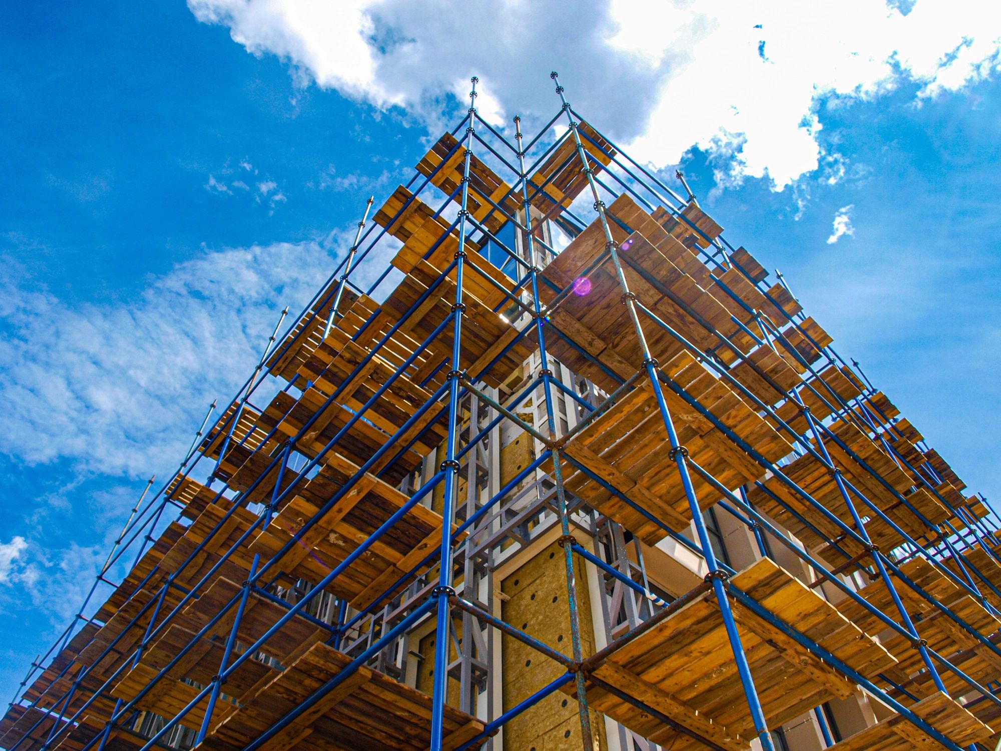 Scaffolding set against a building exterior during restoration work